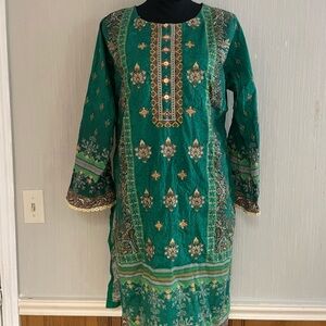 Pakistani Salwar Kameez Green Embroidered 2pc Kurta Pant Set Women M